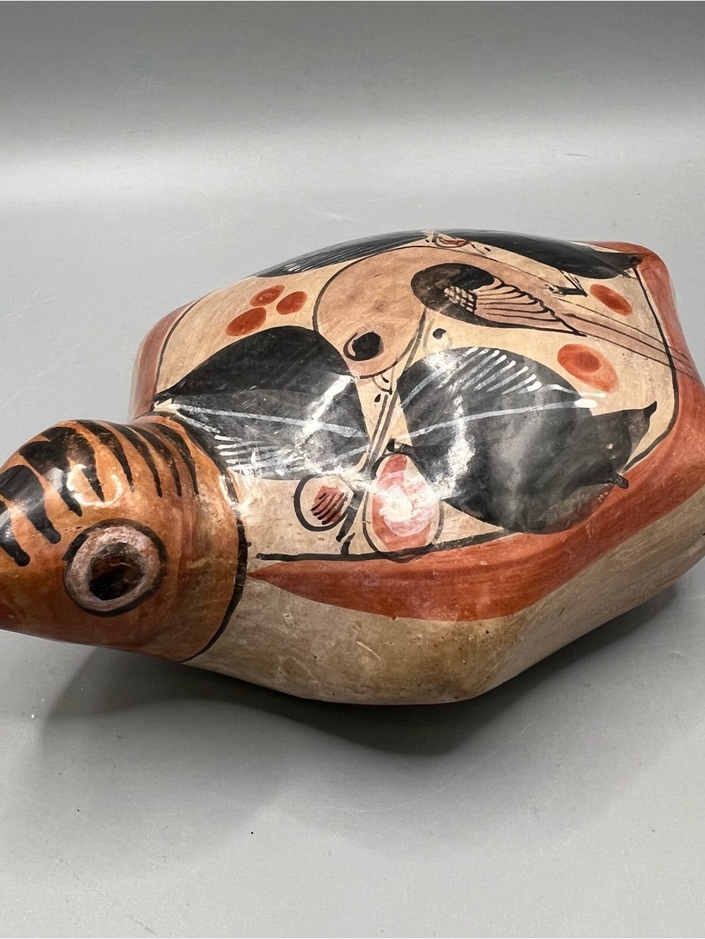 Vintage Mexican Tonala Clay Pottery Footed Turtle Hand painted 6”